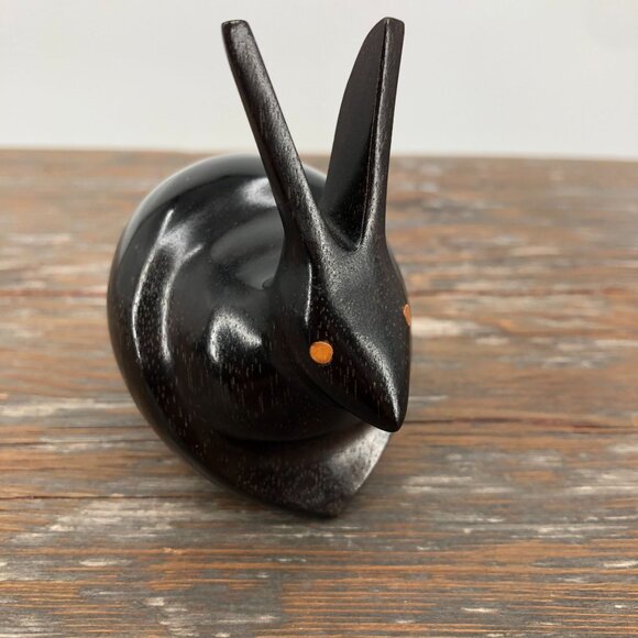 Vintage Hand Crafted Dark Wood Rabbit Figurine 3" Abstract Polished Mid Century - Picture 6 of 10